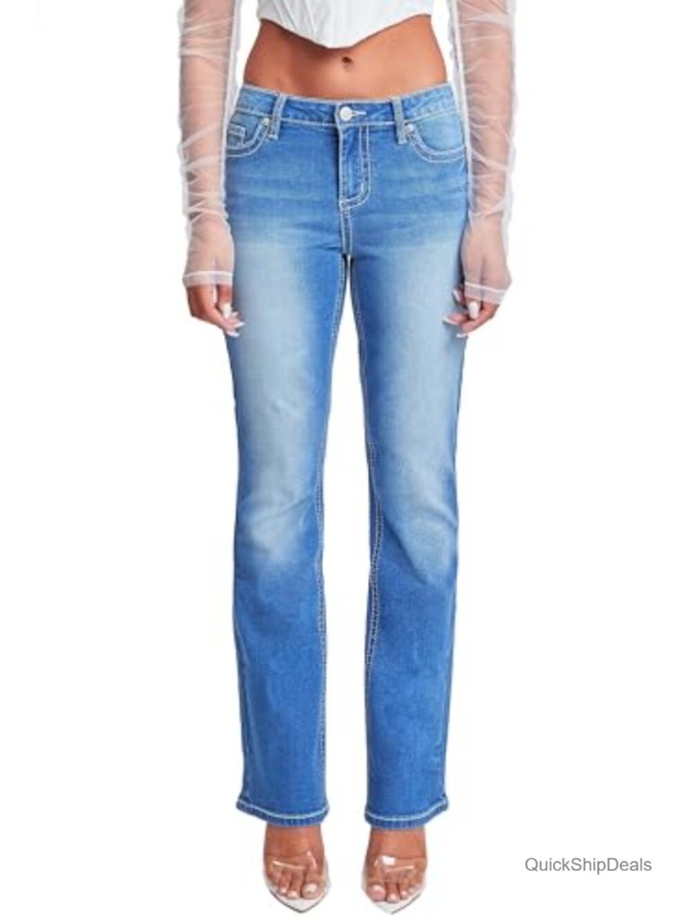 Women's Heavy Stitch Bootcut Jeans Embroidered Pockets Mid Rise